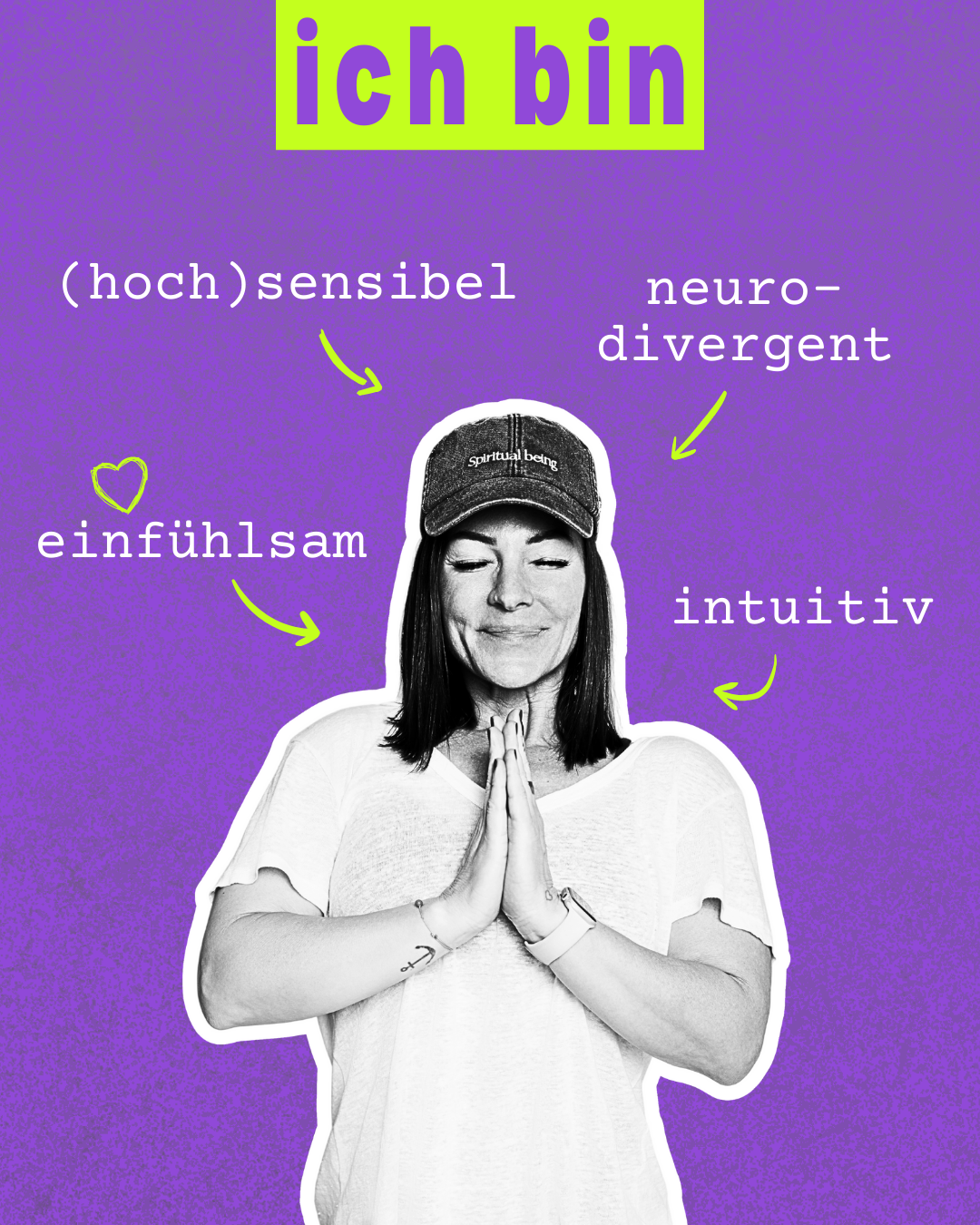 Grafik von Doreen mit dem Titel „Ich bin“ und Eigenschaften wie hochsensibel, neurodivergent, empathisch und intuitiv