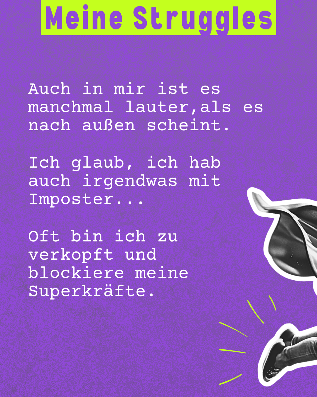 Grafik mit der Überschrift „Meine Struggles“ über innere Zweifel und Imposter-Gefühle