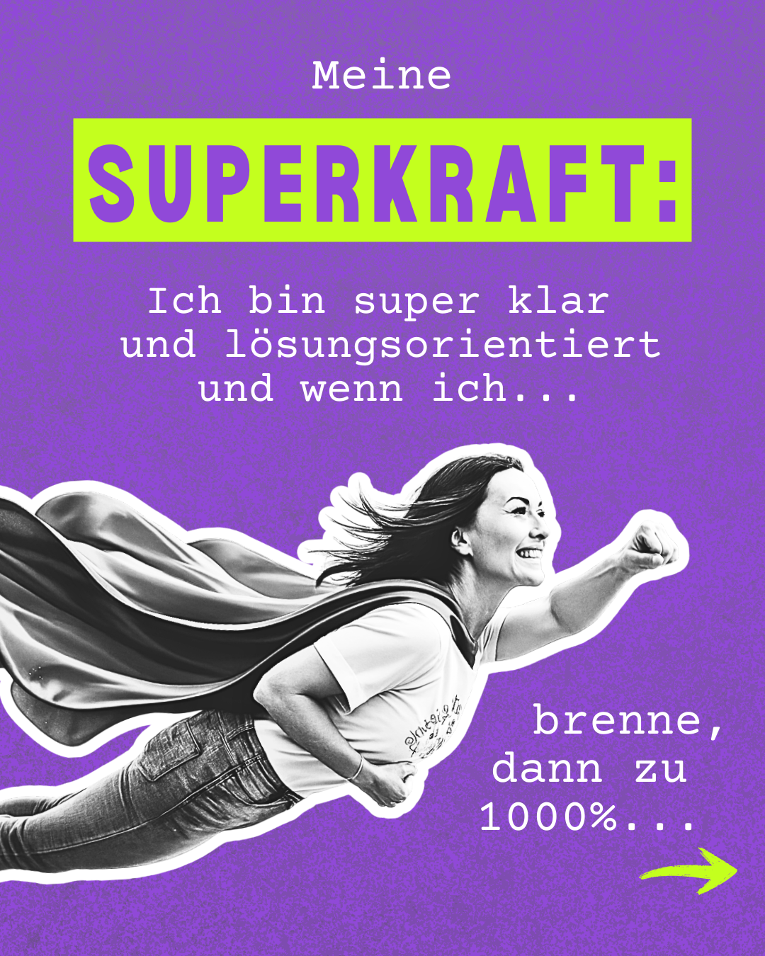 Grafik mit Doreen als Superheldin und dem Text „Meine Superkraft: Ich bin super klar und lösungsorientiert“
